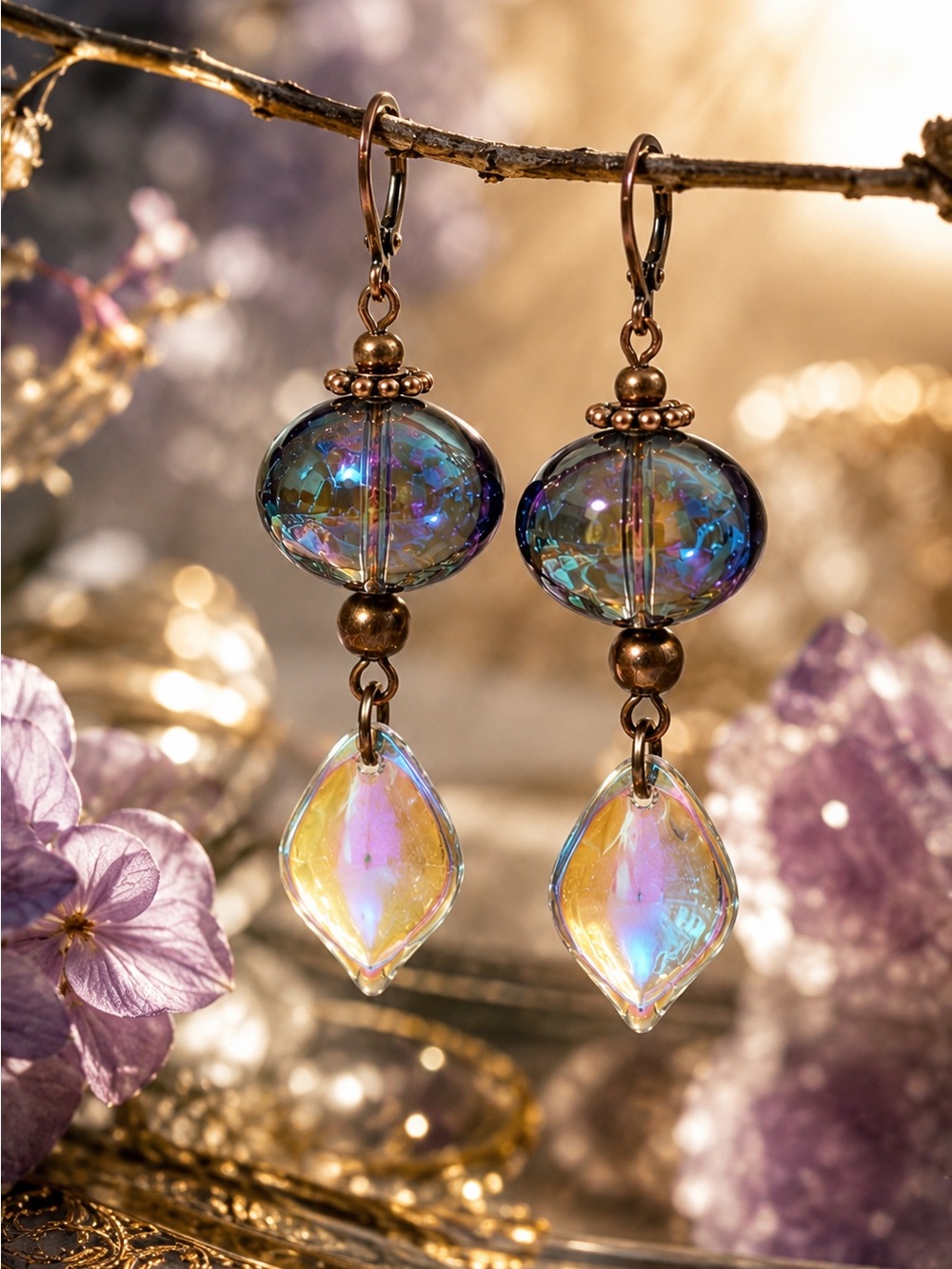 Blue Czech Glass AB Leaf Earrings, Boho Copper Leverback Dangles